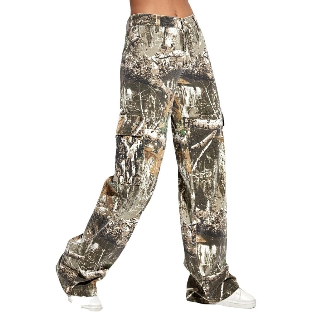 Women Cargo Pants Camouflage Cotton Polyester High Rise Loose Fit Casual